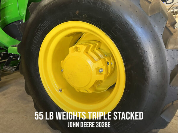 55 lb Wheel Weights, Triple Stacked on John Deere 3038E
