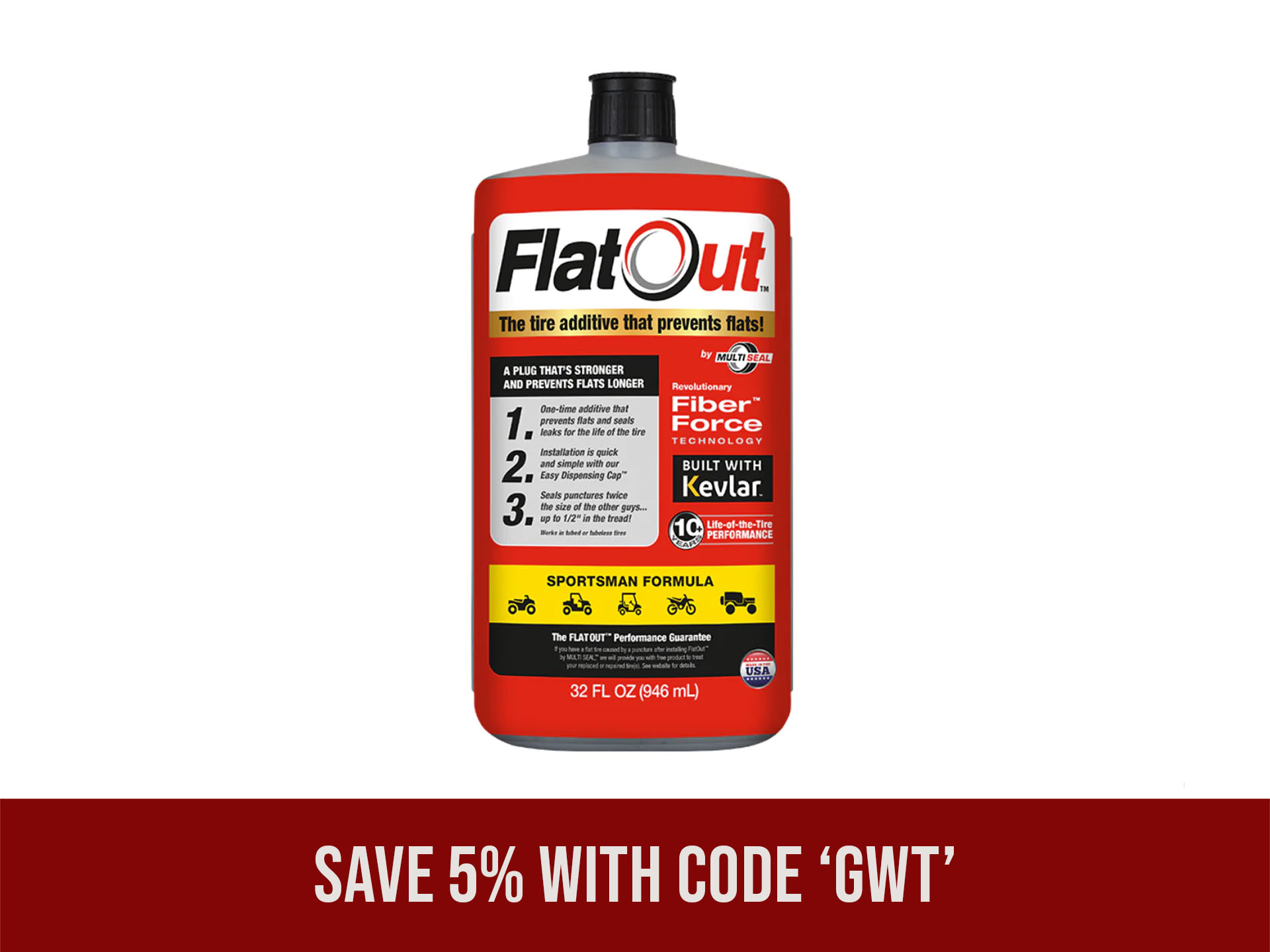 FlatOut Off Road Tire Sealant – Kevlar Formula, 1-Pack, Prevents Flats
