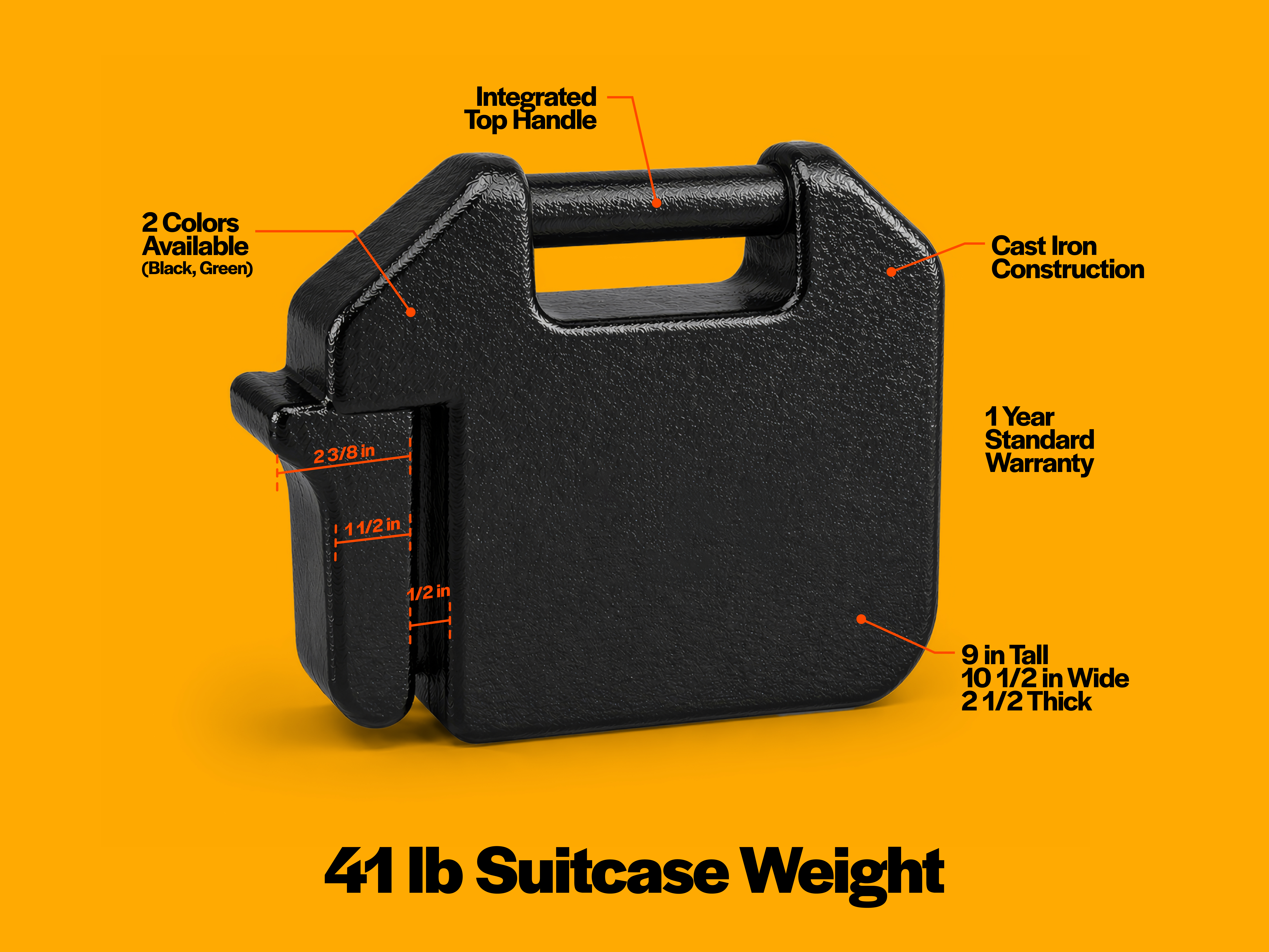 Callout diagram of 41 lb suitcase weight
