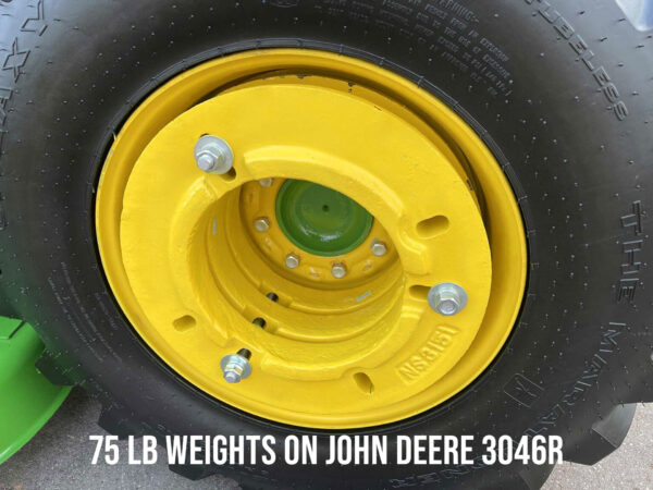 75 lb Wheel Weights Triple Stacked on JD 3046R Close Up