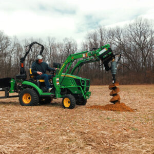 Front View of IronCraft 1500 Hydraulic Auger with Hydraulic Power Pack on John Deere 1025R